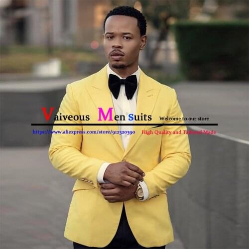 Classic Slim Fit Men’s Suit Evening Suits For Men Shawl Lapel Groom Tuxedos Yellow Casual Business Suit 2 Piece Blazer Masculino