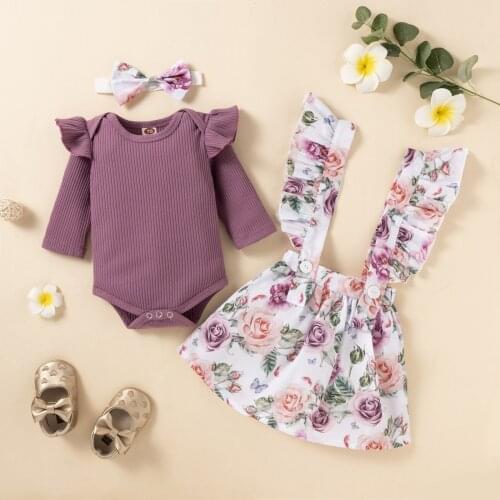 Infant Baby Girls Clothing Set Summer Flying Sleeves Romper+Suspender Skirt + Headband Newborn Baby Clothes Outfits