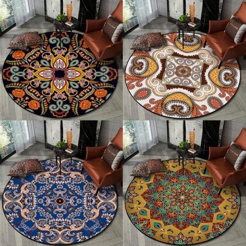 Moroccan Style Floor Mat European-style Living Room Retro Flower Round Carpet Childrens Room Bedroom Non-slip Floor Mat