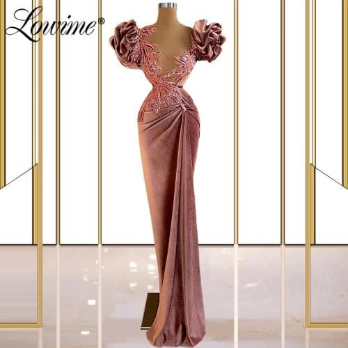 Lowime Velvet Pink Evening Dresses Dubai Arabic Robes Dresses Women Party Night Long Prom Dress Middle East Formal Evening Wear