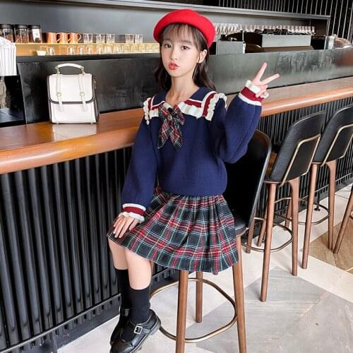 2021 Autumn Teen Girls Clothing Set Kids Bow Tie Sweater Tops & Plaid Shirt School Girls Tracksuit Children Clothes 8 10 12 Year