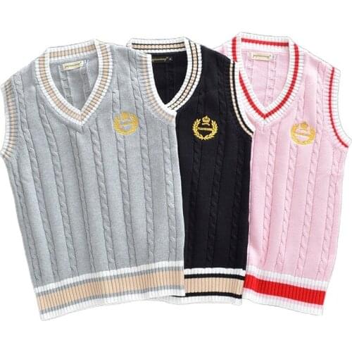 Autumn and Winter New British Style Knit Sweater Embroidery Crown V-neck Sleeveless Sweater Student School Uniform Vest