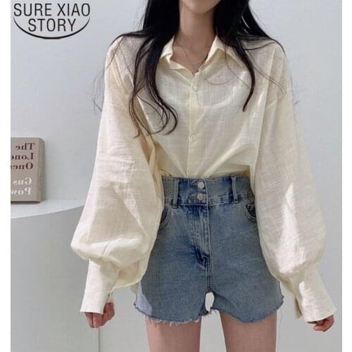 Autumn Long Sleeve Button Shirt Casual Shirts Fashion Puff Sleeve Long Sleeve Shirt Turn-down Collar Loose Clothes Blusas 15852