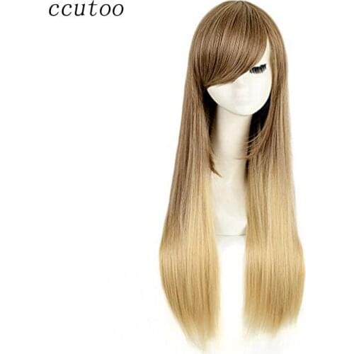 Ccutoo Womens Long Straight Blonde Ombre Brown Synthetic Hair Cosplay Full Wigs Heat Resistance Costume Party Wig
