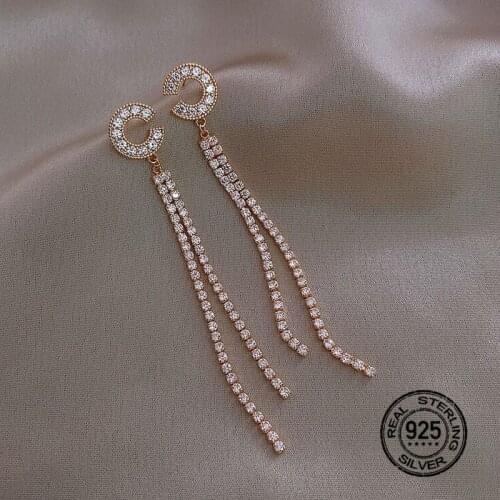 S925 Silver Needle Earrings For Women Gold Tassel Diamond Zircon C Letter Retro Design Korean Fashion Lady Party Jewelry INEFFA