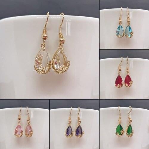 Drop-shaped Crystal Earrings Metal Flower-shaped Inlaid Real Gold Ear Hooks 10 Colors Available Ladies Fashion Charm Jewelry Set