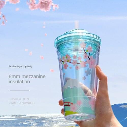 Blue Tokyo Cherry Blossoms Cup Kawaii Water Jug Double Layer Cute Plastic Water Bottle with Straw Slide Cover for Kids