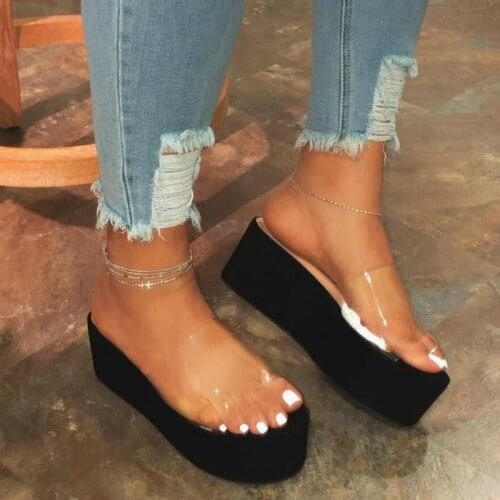 Thick Bottom Women Slides Summer Beach Shoes Fashion Transparent Colorful High Heels Female Platform Slippers Plus Size 41 42