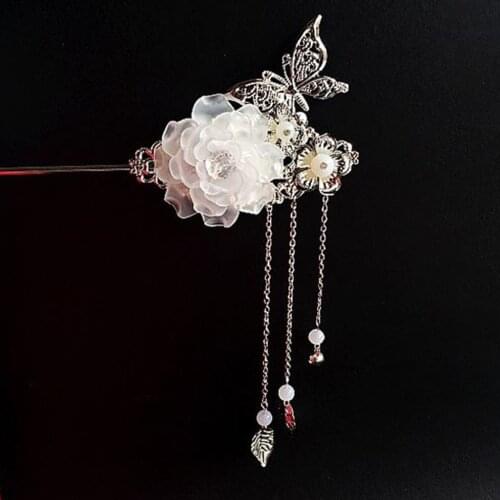 2pcs Stylish Women Vintage Tassel Metal Hair Stick Pin Handmade Resin Flower