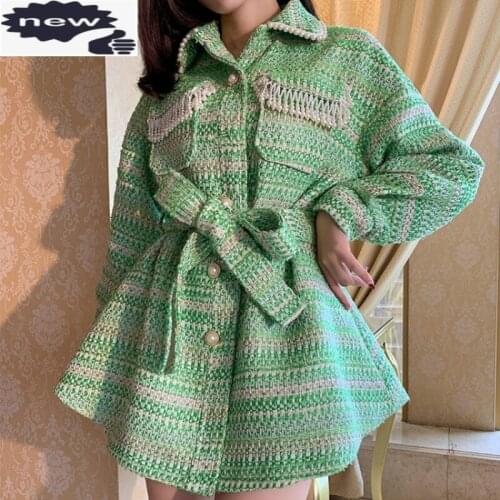 Office Ladies Tweed Coats Design Pearls Tassel Loose Casual Jackets Women Elegant Single Breasted Lace Up Coat Striped Outerwear