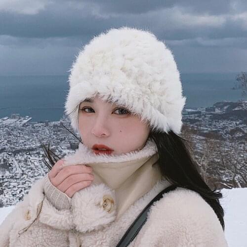 Winter Thick Warm Real Rabbit Fur Beanie Hat Plush Hat Women Winter Cold Protection Fur Hat Fashion Woolen Hat