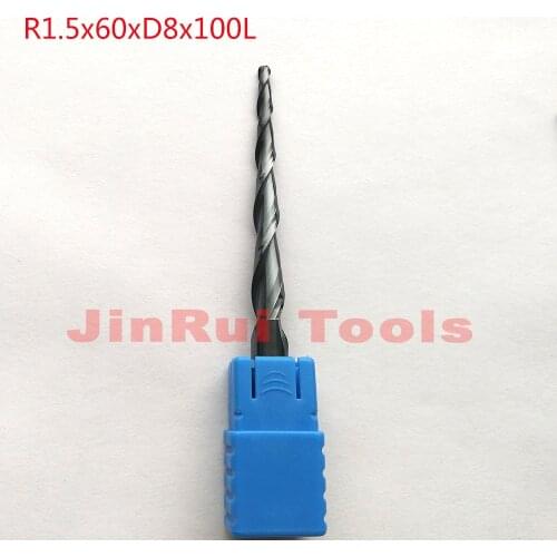 1pc R1.5*D8*60*100L*2F HRC55 Tungsten solid carbide Coated Tapered Ball Nose End Mills CNC milling cutters knife
