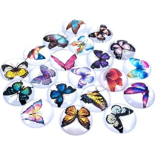 20pcs/lot 18mm 20mm 25mm Round Color Butterfly Pattern Glass Cabochon for DIY Jewelry Making Findings & Components T008