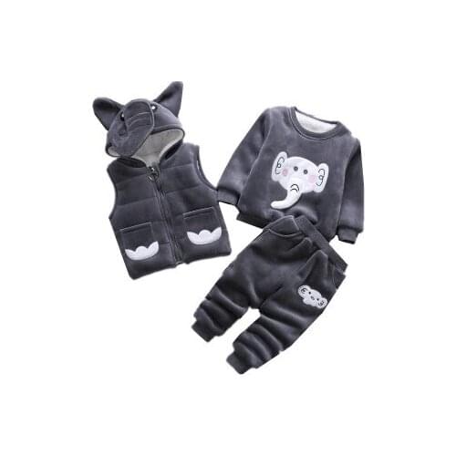 Children Clothing Baby Boy Girl Warm Set Winter Cartoon Elephant Kids Thickening Hooded Vest+Sweater+Pant Three-piece Sport Suit