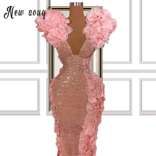 Sparkly Baby Pink Mermaid Evening Dresses Handmade Flowers V Neck Arabic Formal Prom Dress Plus Size Custom Made 2021