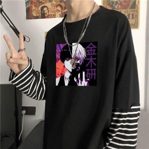 Hot Anime Tokyo Ghoul Kaneki Ken Fake Two Piece Manga T-Shirt Terror Cartoon Graphic Korean Fashion Long Sleeve Stripe Tshirts