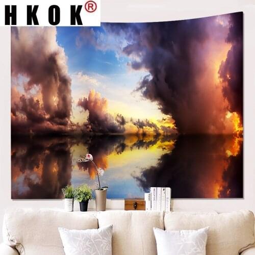 HKOK Lake Cloud Reflection Landscape Tapestry Hanging Covering Rugs Background Cloth Beach Mat Blanket Bedroom Living Home Dec