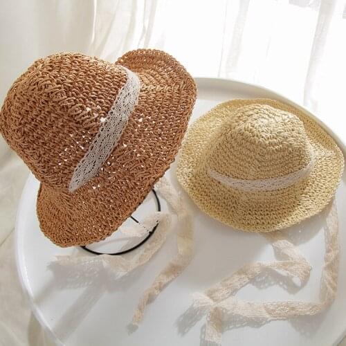 H7416 Korean Children Straw Sun Hat Summer Kids Beach Travel Sunscreen Sunshade Casual Cap Girls Lace Bandage Solid Color Hats