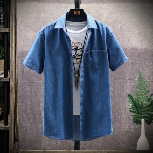 2021 Summer New Men Denim Short-Sleeved Shirt Business Casual Fashion Trend Slim-Fit Inch Shirt Male High-End Brand Cowboy Tops