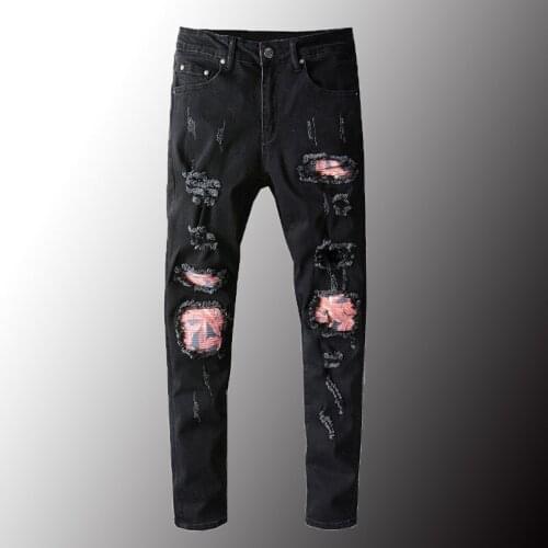 New Mens Streetwear Patchwork Ripped Jeans Slim Skinny Holes Black Stretch Denim Pants Patch Design Trousers Plus Size 40