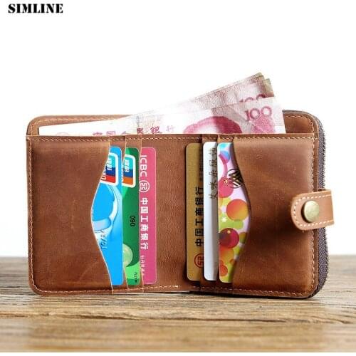 Handmade Genuine Leather Men Wallet Male Vintage Crazy Horse Cowhide Short Wallets Purse Card Holder With Zipper Coin Pocket Bag