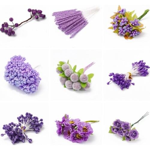 Mix Purple Flower Cherry Stamen Berries Bundle DIY Christmas Wedding Cake Gift Box Wreaths Decor 6/8/10/12/50/70/90pcs