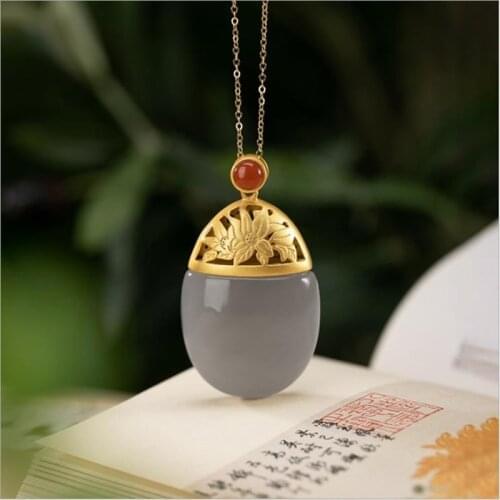 Natural Hetian Purple Jade Oval Lotus Pattern Pendant Necklace Chinese Style Retro Elegant Light Luxury Noble Silver Jewelry