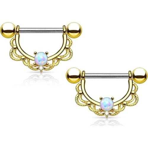 Pair of Opal Centered Filigree Drop Nipple Rings Barbell Barbells 316L Stainless Steel 14G - Sold as a Pair