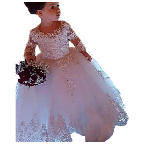 Long Sleeves Flower Girl Dresses For Weddings Ball Gown Tulle Appliques Beaded Long First Communion Dresses For Little Girls