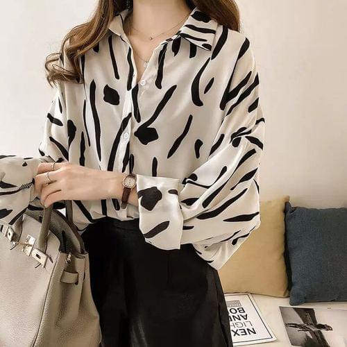 COIGARSAM Shirt Womens Tops Autumn 2021 Casual Print Full Sleeve Loose Turn-down Collar Straight White Black Women Shirts