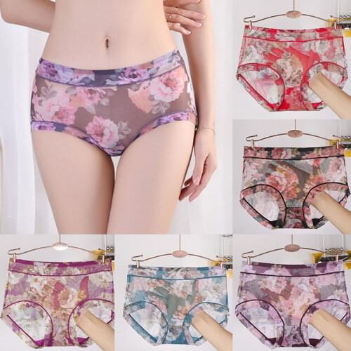 Sexy Women Panties Flower Print Briefs Transparent Thin underpants Underwear Female Summer Mesh Lady Lingerie Plus Size Panties