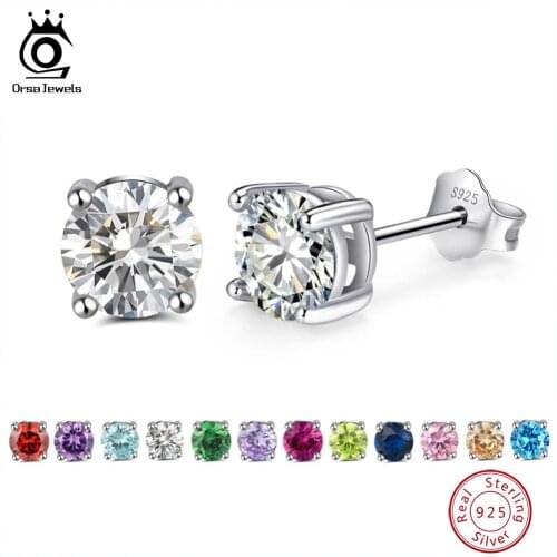 ORSA JEWELS 925 Sterling Silver Birthstone Earrings For Women AAA Cubic Zircon 14 Colors Stud Earring Fine Silver Jewelry OSE84