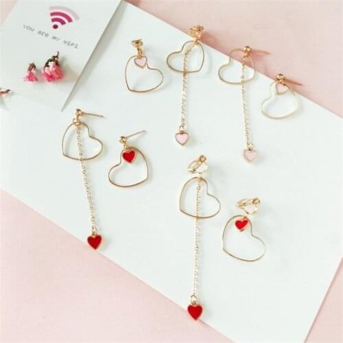 Heart-Shaped Earrings Japanese And Korean Girls Love Personality Fashion Wild Asymmetric Pendant Ear Clip Wholesale