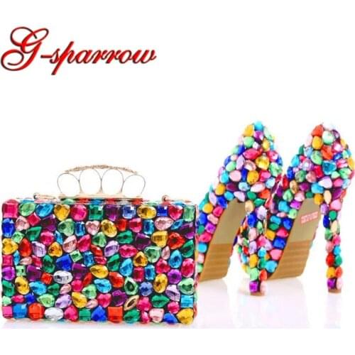 Gorgeous Design Multicolor Rhinestone Wedding Shoes with Matching Bag Women Party Prom High Heels Handmade Crystal Bridal Pumps