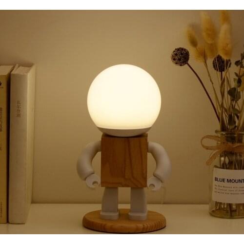 Cute Robot Table Lamp Creative Wood Mini Night Lights LED Baby Kids Gifts Children Bedroom Bed Lighting Fixture Nightstand Decor