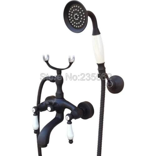 Bathroom Black Oil Rubbed Bronze Wall Mounted Bathtub Faucet Dual Handle Shower Mixer Tap with Ceramic Handheld Spray ltf576