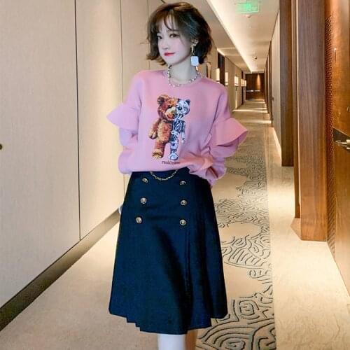 Cartoon Bear nail bead stitching Ruffle round neck sweater womens wear 2021 Spring new High Quality Top Quality