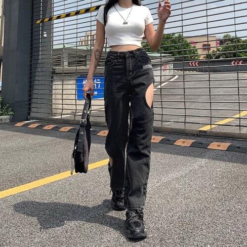Y2k 2021 New Irregular Ripped Jeans Adults High Waisted Letter Pattern Denim Pants with Pockets