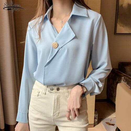 2020 Autumn Super Fairy Office Lady Shirt Long Sleeve V-neck Chiffon Blouse Women White Tops and Blouses Chemisier Femme 10684