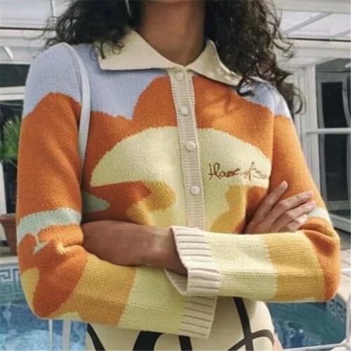 Vintage French Style Sunshine Print Short Knitted Sweater Women Turn Down Collar Long Sleeve Loose Jumper Cardigans Streetwear