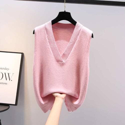 Knit Sweater Vest Women Sleeveless V-Neck Autumn And Winter Korean Loose Casual Pink Knitted Womens Pullover Vests Jumper C7636