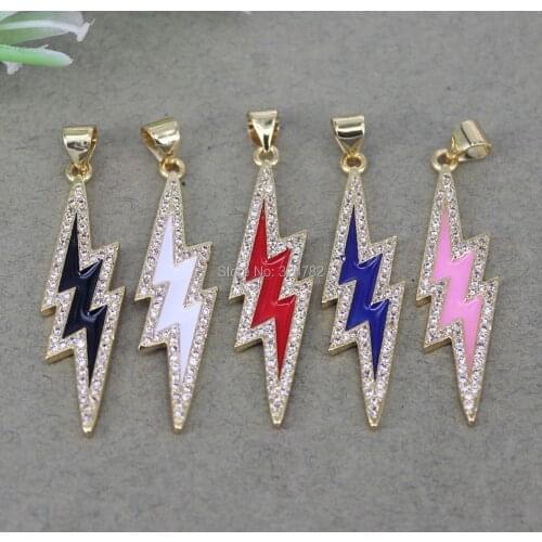 10pcs Fashion Enamel Lightning Shape Pendant Paved Cubic Zirconia,CZ Lightning Pendant For Jewelry Making