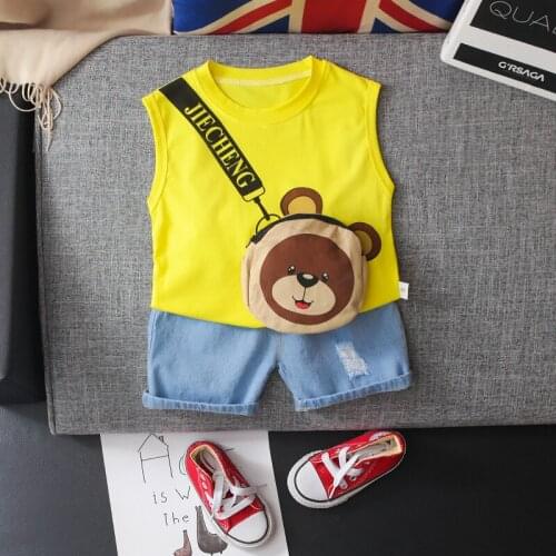 2021 Summer Baby Boys Sleeveless Clothes Sets Kids Cartoon Bear Satchel Vest+ripped Jeans Toddler Girls Casual Clothing Outfits