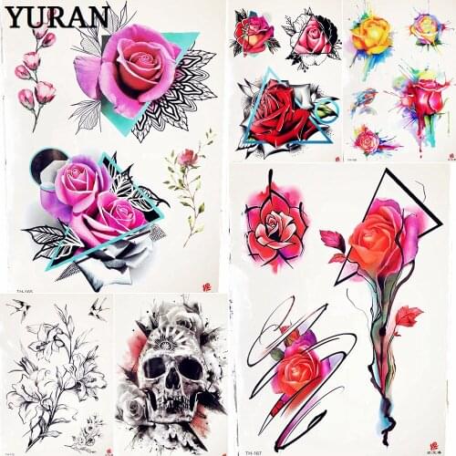 25 Pattern Geometry Rose Flower Temporary Tattoo Stickers Women Chest Neck Back Body Art Sexy Watercolor Blue Red Tattoo Paste