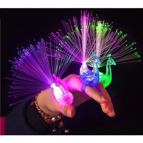 5 Peacock Finger Rings Light Colorful LED Glowing Open Fiber Optic Night Light for Kids Child Adult Party Vocal Concert Supplies
