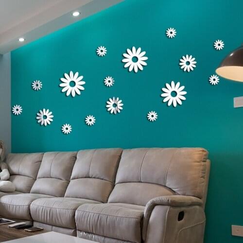 16 Pieces Acrylic Mirror Daisy Wall Sticker Removable 3D Daisy Mirror Decals Bedroom Living Room Vinyl Art Home Wall Decor
