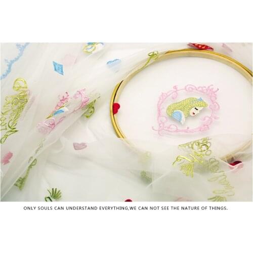 Cartoon Alice in Wonderland Embroidery Fabric Breathable Mesh Cheongsam Dress Clothes Fabric Kids Lady Clothing Soft Fabric