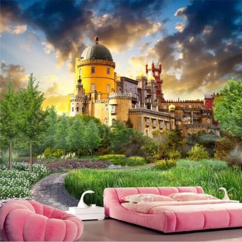 Seamless wallpaper HD fantasy castle back garden landscape painting living room TV background wall mural