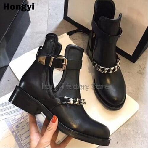 Metal Chain Black Leather Boots Woman Round Toe Fashion Cuts Out Side Buckle Short Boots Straps Ankle Boots Woman Shoes