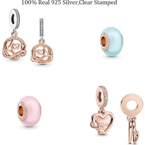 100% Real 925 Sterling Silver Matte Blue Murano Glass Charm Infinity Heart Beads Fits Original Bracelets Bangles For Women DIY